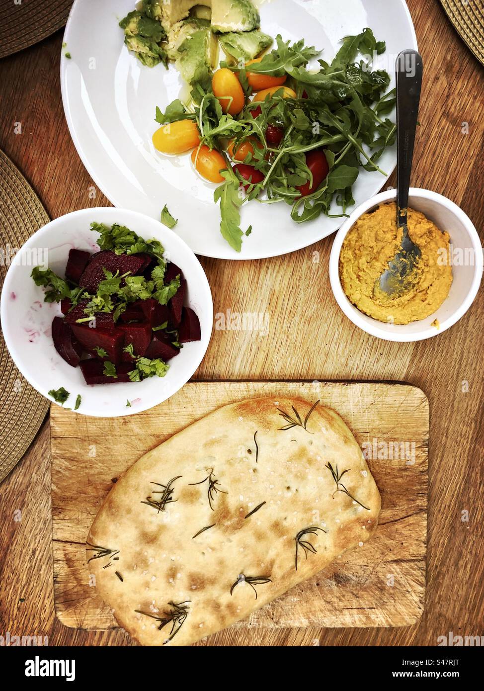 focaccia bread, humus, Beet root ,salad,bread,vegan ,vegetarian, food, breakfast, lunch,Italian,Mediterranean - Smartphone Captured Stock Image