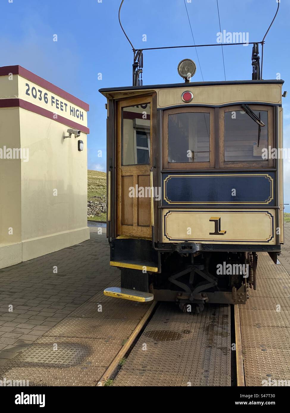 A tram at Snaefell summit . Snaefell Mountain Railway. Isle of Man