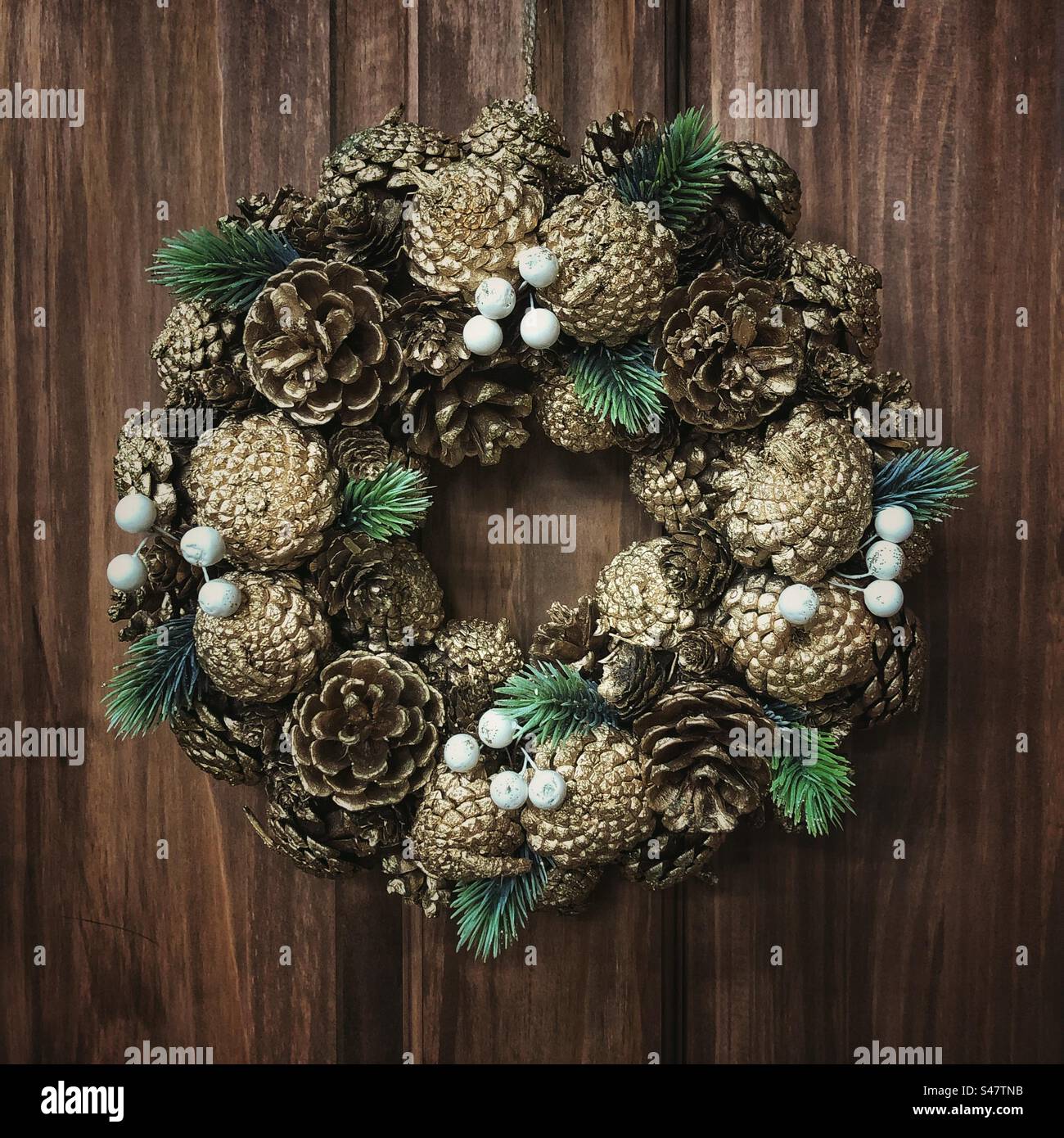 Luxury Christmas door wreath with pine cones and spruce leaves in a dark wood background and square frame - Smartphone Captured Stock Image