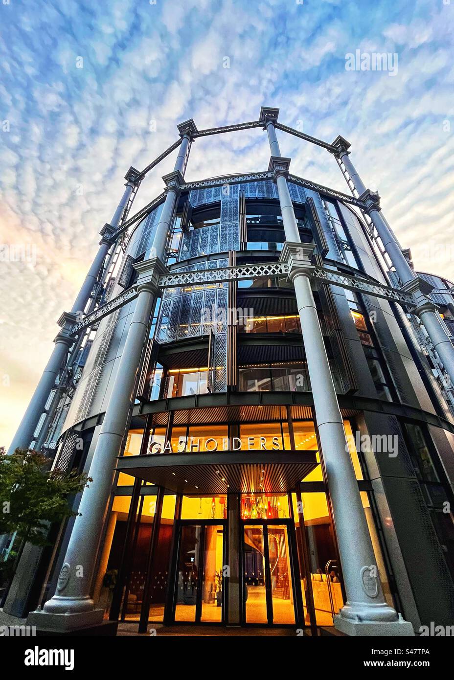 Perspective of Gas Holders a residential property conversion in King’s Cross, London. Sympathetic architectural design to retain historic structures dating back to Victorian England - Smartphone Captured Stock Image