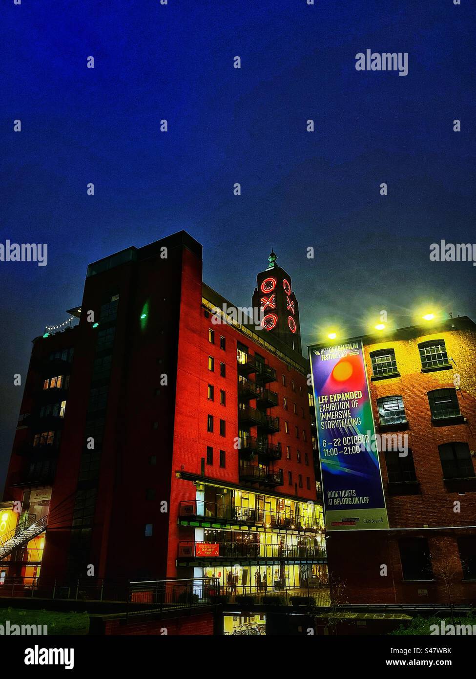 The OXO Building on the south bank of the river Thames in London. When an advertisement hoarding was refused for Oxo the architect incorporated the name into the brickwork design. - Smartphone Captured Stock Image