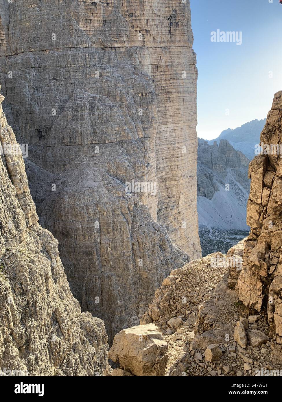 View of Cima Piccola from the way up to Cima Grande di Lavaredo on Via Normale. Stock Photo