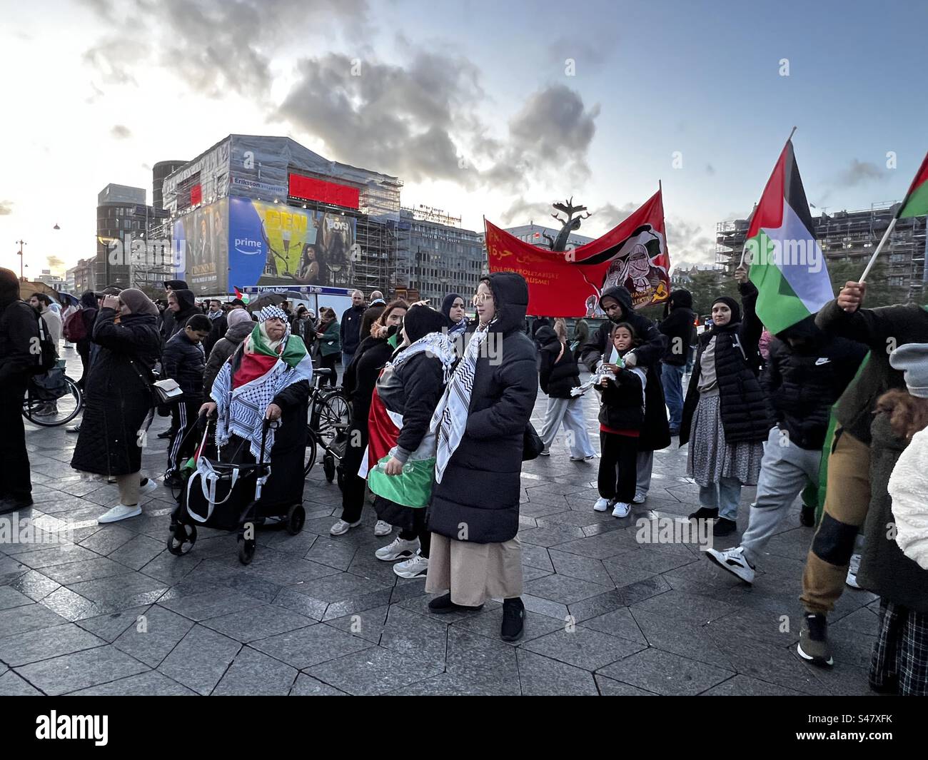 Pro-Palestinian protest at the City Hall Square in Copenhagen, Denmark on October 14 - Smartphone Captured Stock Image