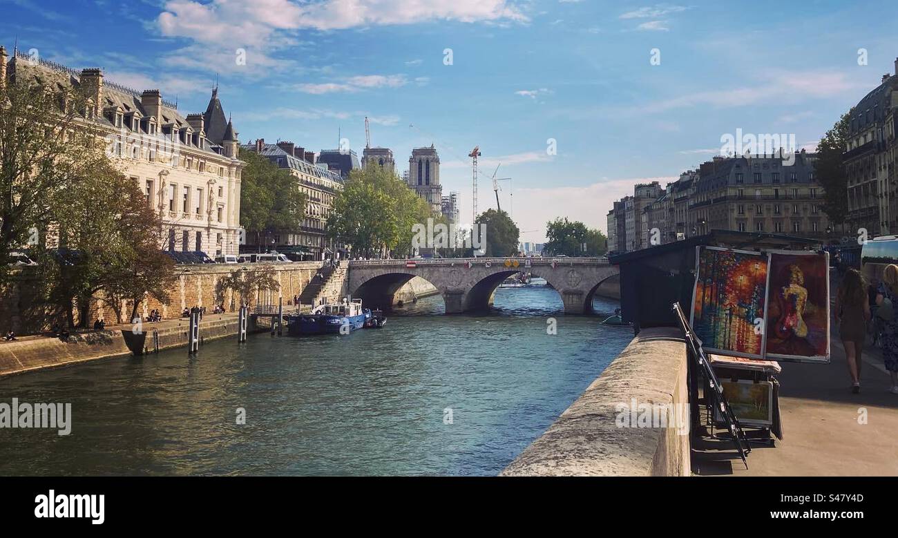 View looking down the Seine in Paris France from the left bank - Smartphone Captured Stock Image