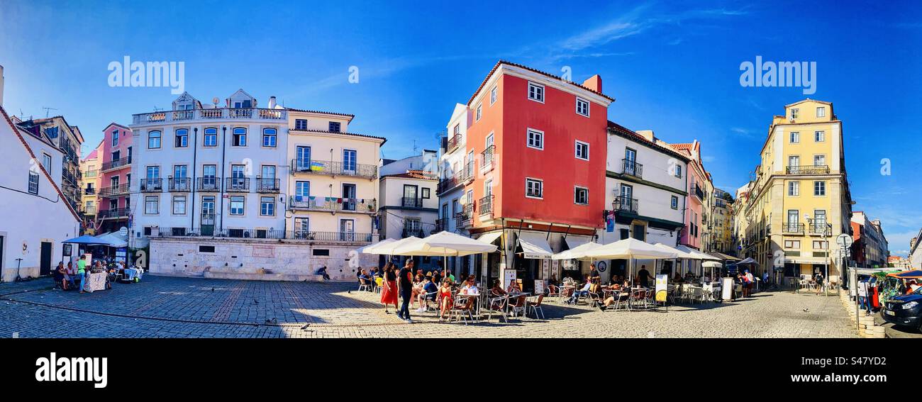 Cafes in a square in Alfama Lisbon Portugal panoramic Stock Photo