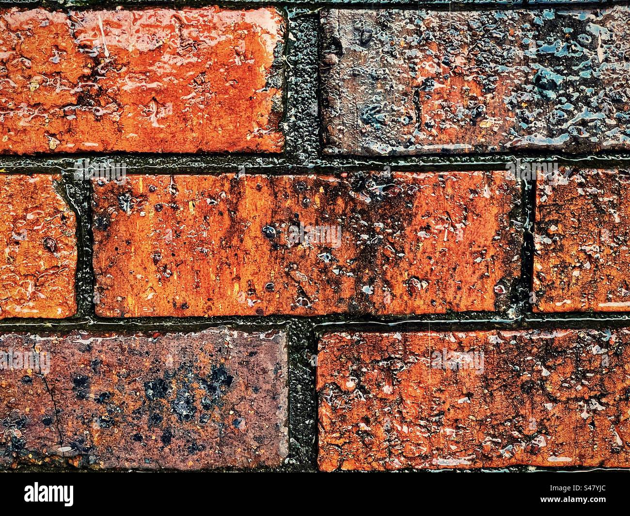 Close-up of old, weathered, wet brick wall. Abstract. Full frame backgrounds. Pattern. Texture. Rain water. Stock Photo