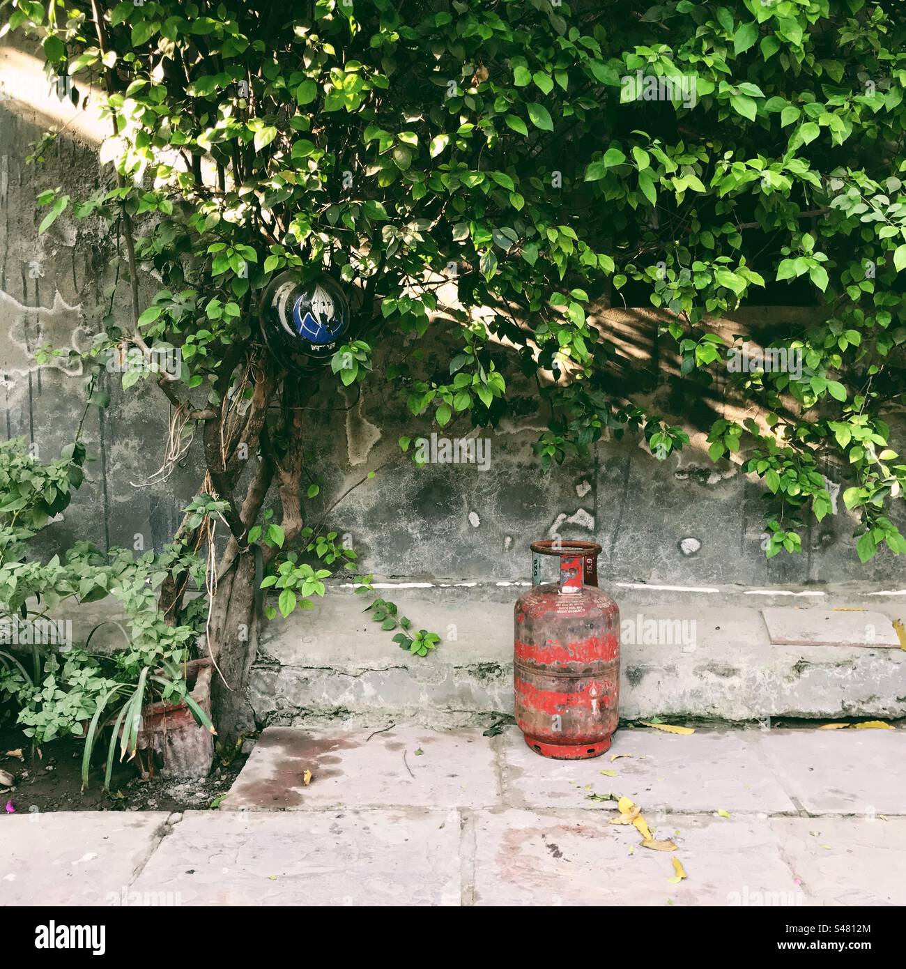 A red gas cylinder kept under a tree - Smartphone Captured Stock Image