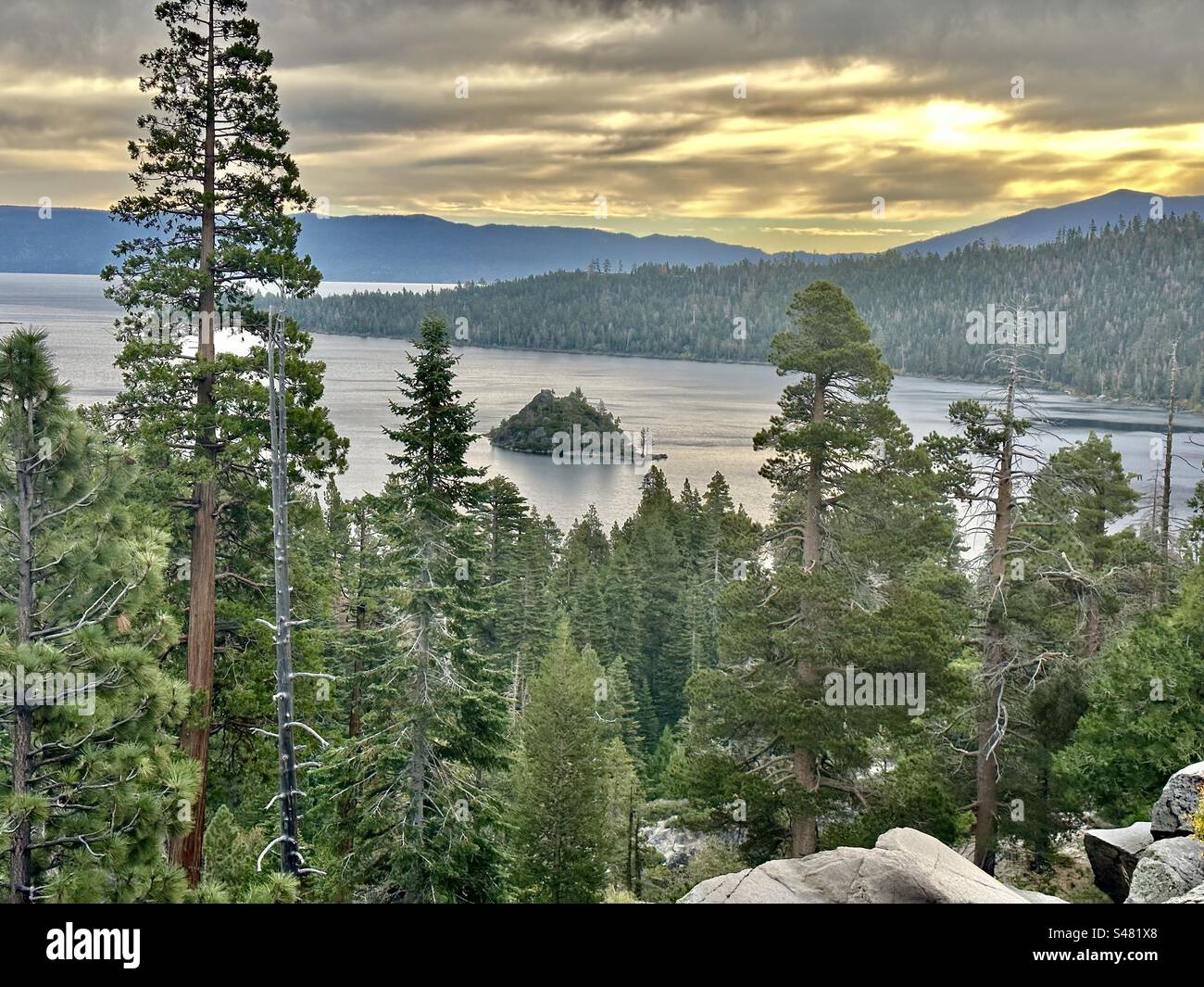 View of Fannette Island in Emerald Bay, Lake Tahoe, on a cloudy morning. Stock Photo