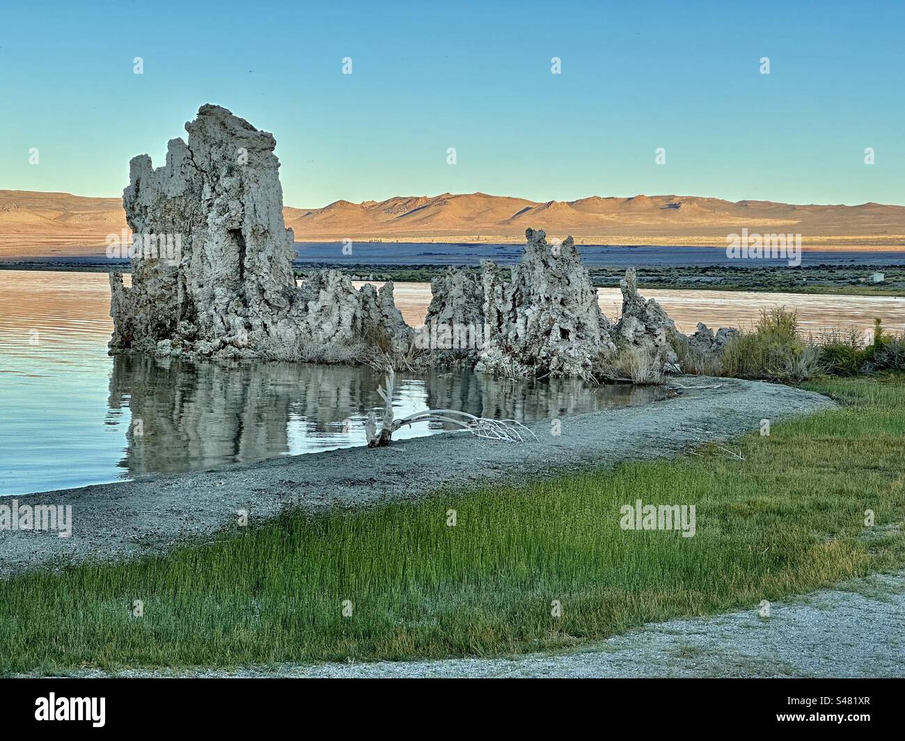 Distinctive tufa (limestone) towers of Mono Lake in central California formed around springs at the bottom of the lake over decades or even centuries and were revealed as water levels fell. Stock Photo