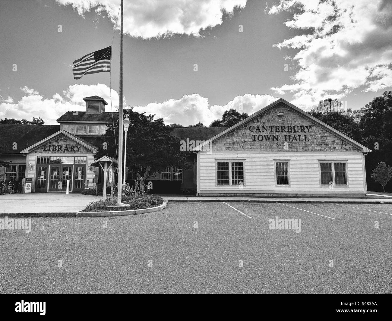 Canterbury Town Hall and Library in Canterbury, Connecticut, USA. Black and white filter. Town government concept. Stock Photo