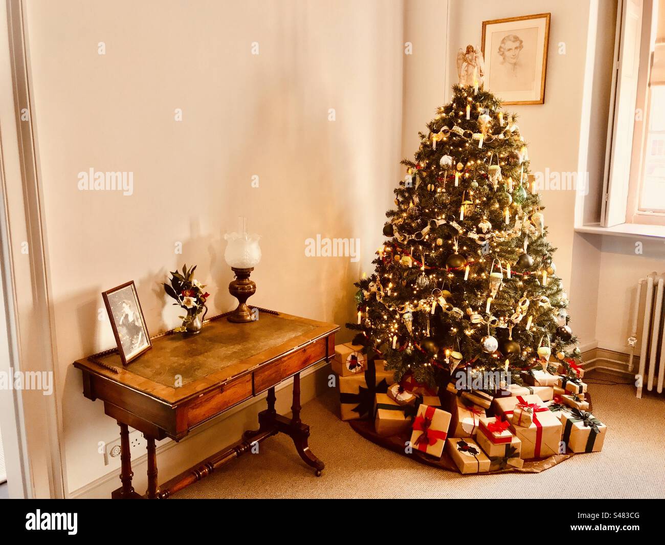 Christmas tree, oak desk, presents, The Vyne, Basingstoke, Hampshire