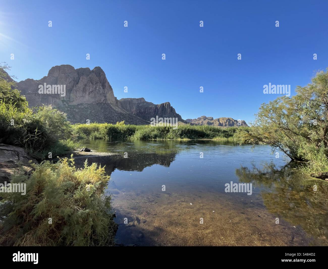 Salt River reflections, Superstition Mountains, brilliant blue sky