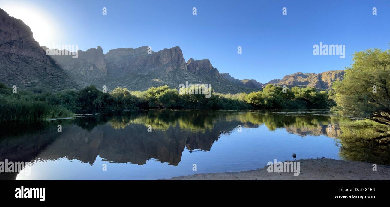 Salt River reflections, Superstition Mountains, fall golden colors