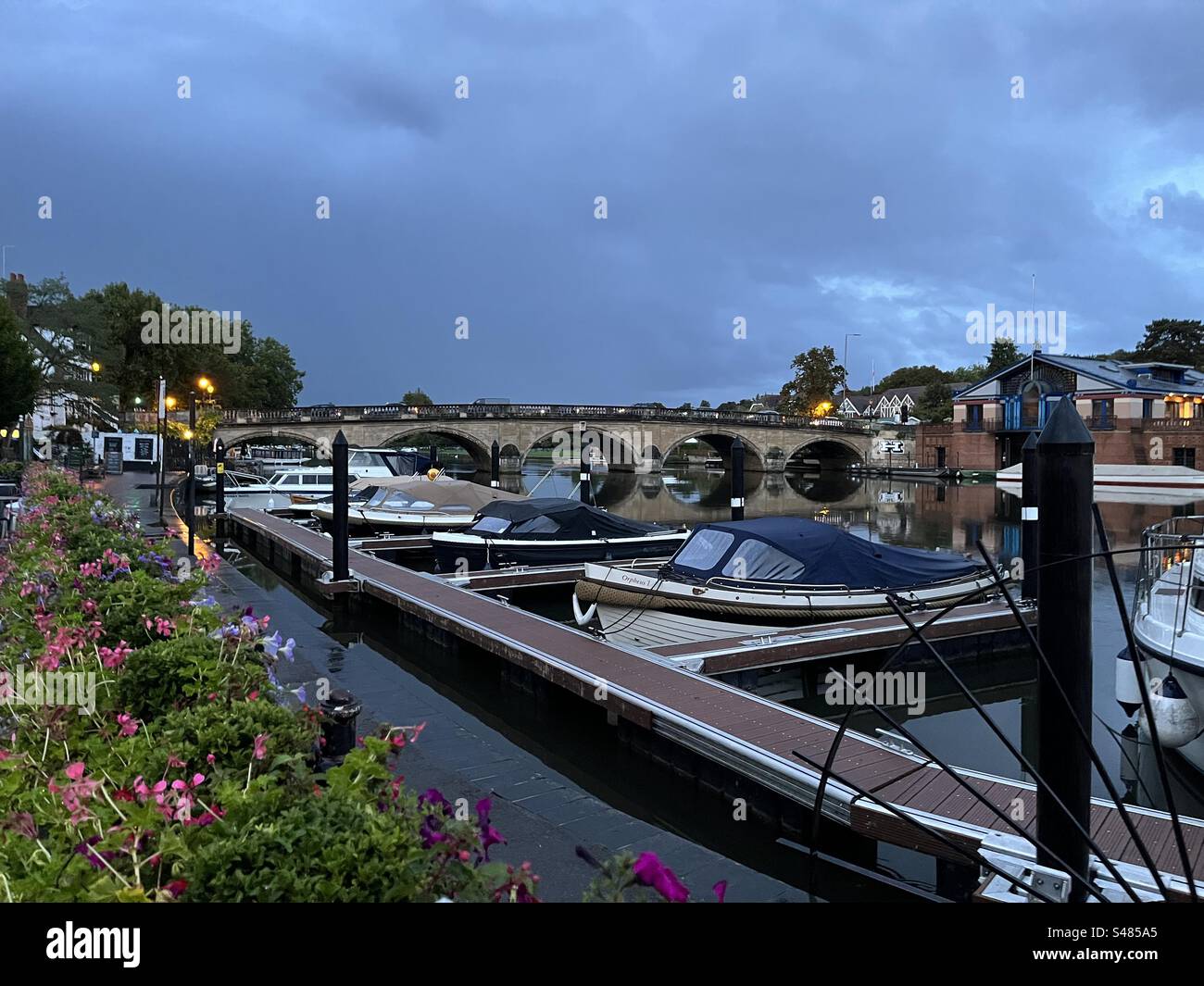 After the rain!  Boats moored at Henley on the River Thames. Stock Photo