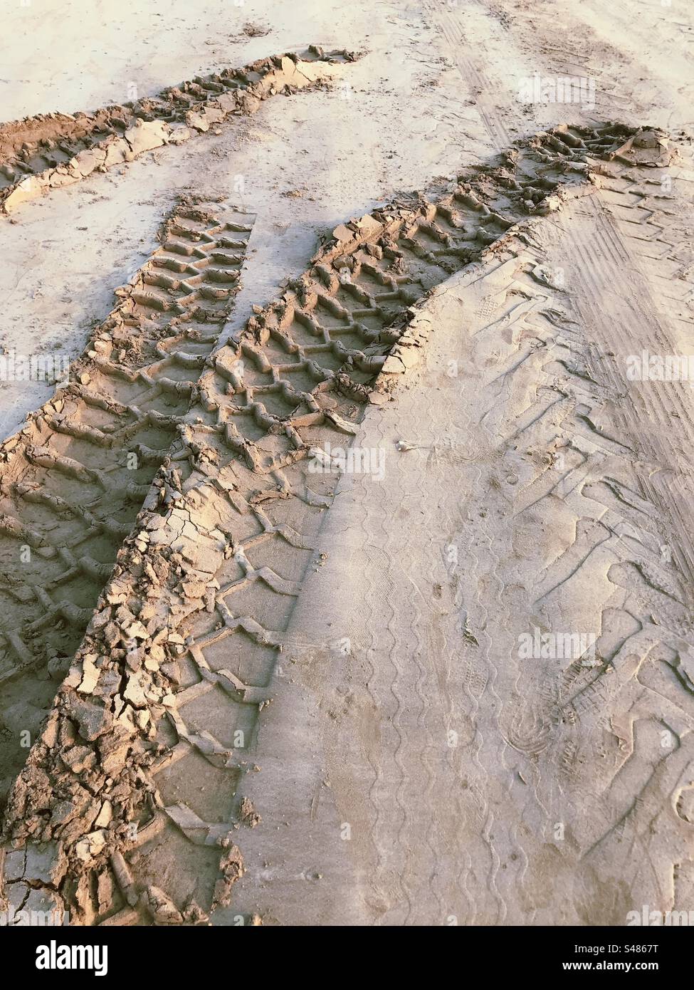 Tyre tracks of a tractor on a beach - Smartphone Captured Stock Image