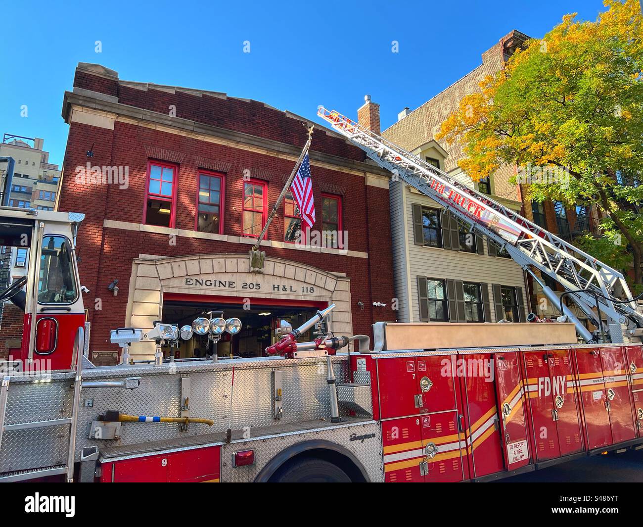 Fire engine outside fire station in Brooklyn Heights, New York. - Smartphone Captured Stock Image