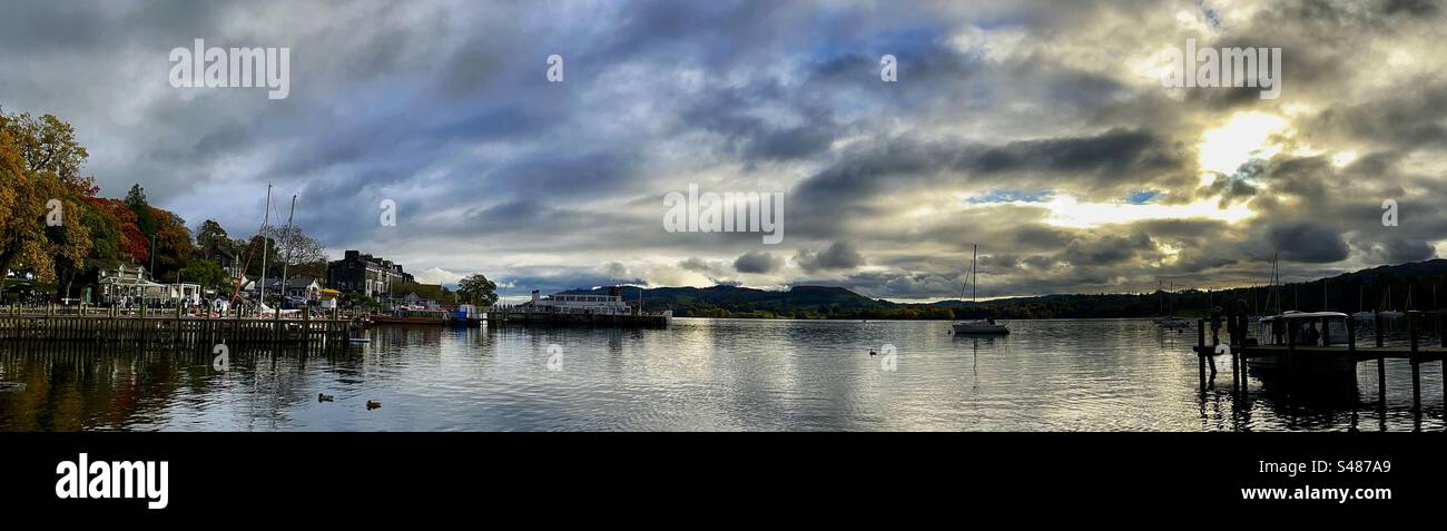 Panoramic view looking over Windermere from Waterhead, Ambleside at sunset in autumn- Lake District, England - Smartphone Captured Stock Image