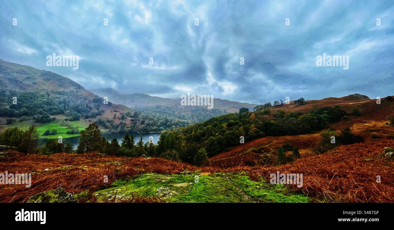 Autumn Lake District views from Loughrigg Fell looking towards Grasmere Stock Photo