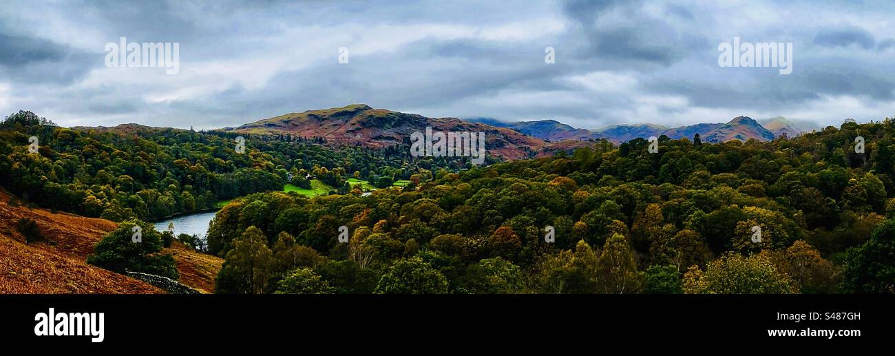 Panoramic Autumn Lake District views from Loughrigg Fell looking towards Grasmere Stock Photo