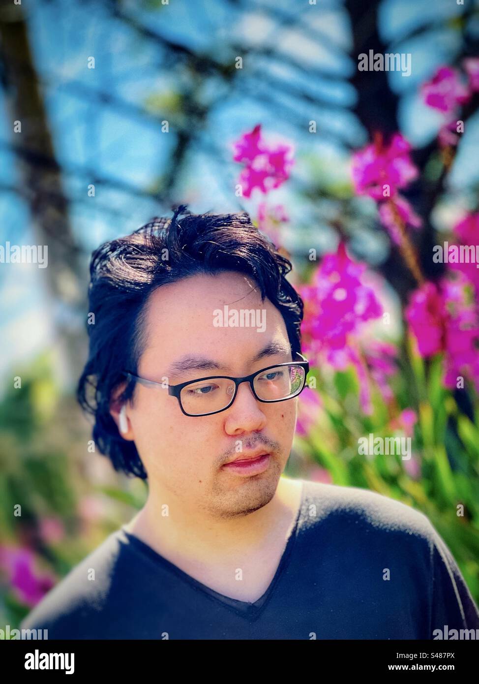 Portrait of young Asian man in eyeglasses and EarPod/headphone against pink lilies, trees and blue sky in springtime. Focus on foreground. Vision care. Wireless technology. - Smartphone Captured Stock Image