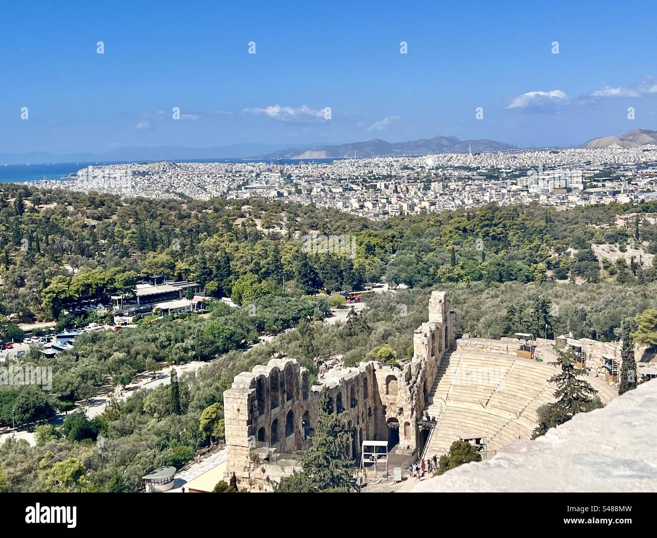 From atop Acropolis Hill and in Athens looking down at the ancient Herodium and the city of Athens - Smartphone Captured Stock Image