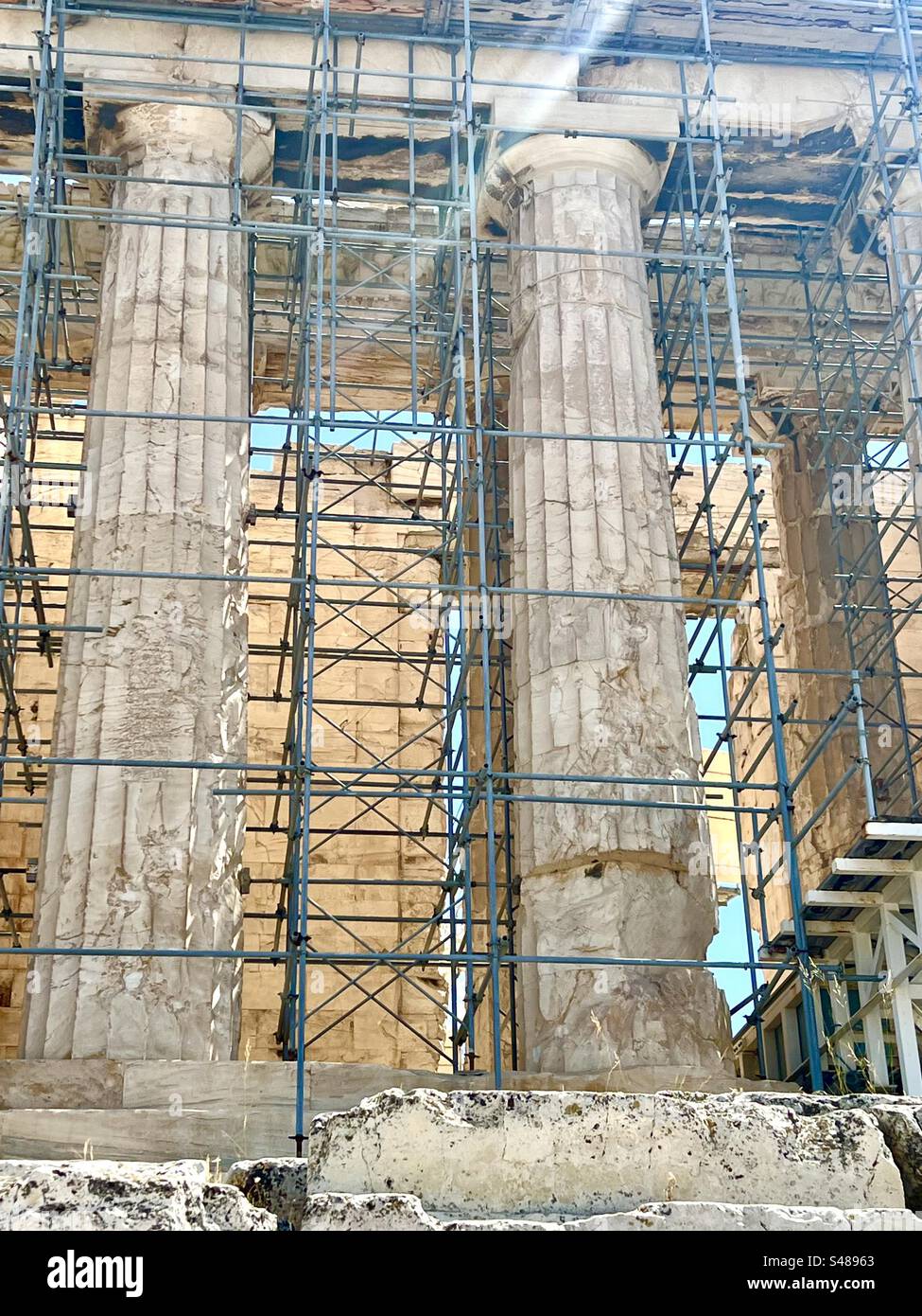 Closeup of scaff surrounding the Parthenon in the Acropolis, part of a restorative project ongoing. - Smartphone Captured Stock Image