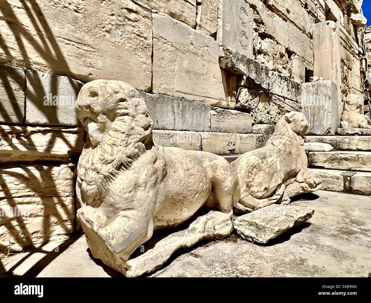 Lion sculptures at the Beule Gate of the ancient Acropolis - Smartphone Captured Stock Image