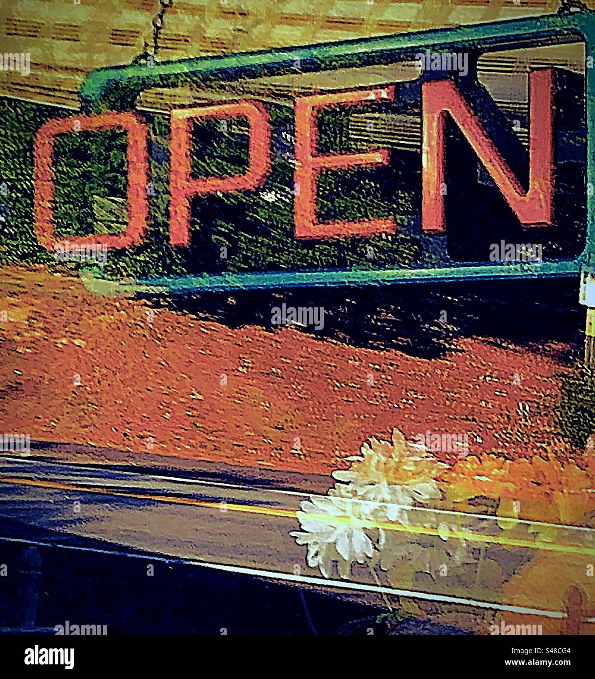 The open sign is inside of the front  window of an old restaurant - Smartphone Captured Stock Image