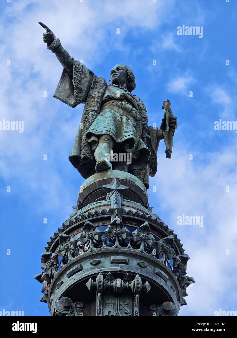 Cristoforo Colombo statue, Christopher Columbus, lower end of La Rambla, Barcelona, Catalonia, Spain - Smartphone Captured Stock Image