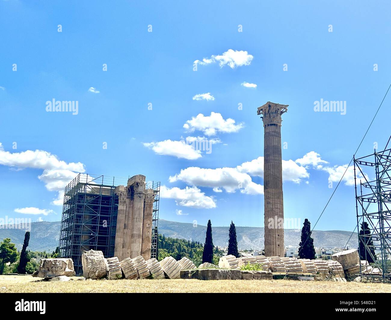 Ancient ruins of the Temple of Olympian Zeus archaeological site in Athens - Smartphone Captured Stock Image