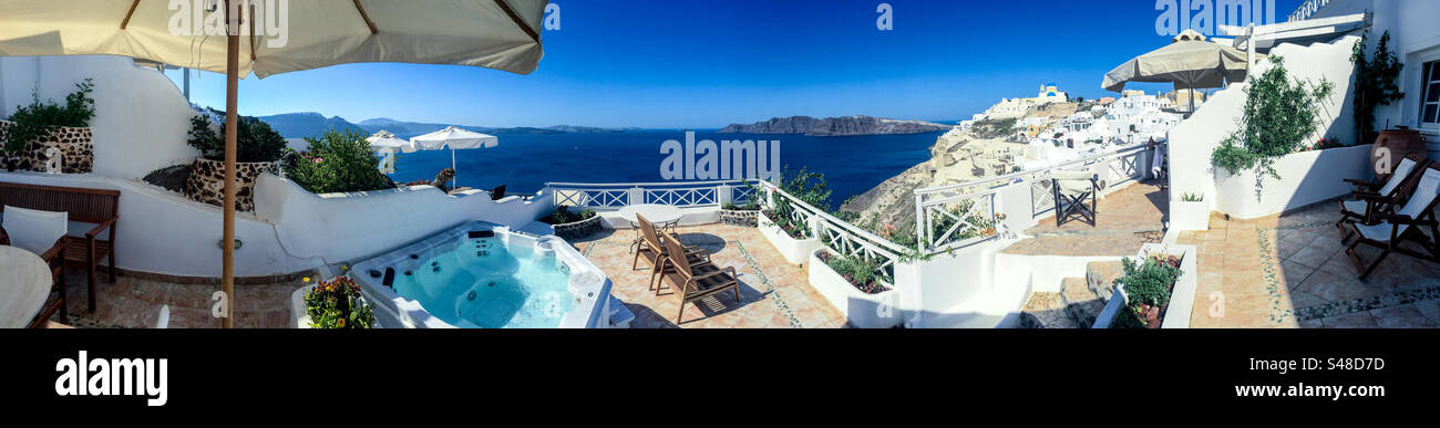 Panorama of the Aegean Sea from the terraced town of Oia in Santorini, Greece - Smartphone Captured Stock Image