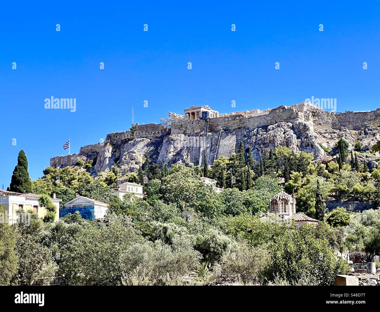 Parthenon on Acropolis hill viewed from the Roman Agora of Athena below - Smartphone Captured Stock Image