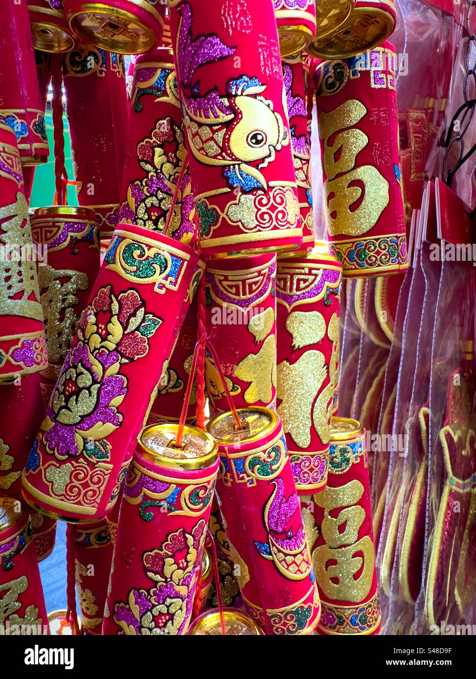 Chinese new years decorations on sale at local street market stall in Hong Kong Stock Photo