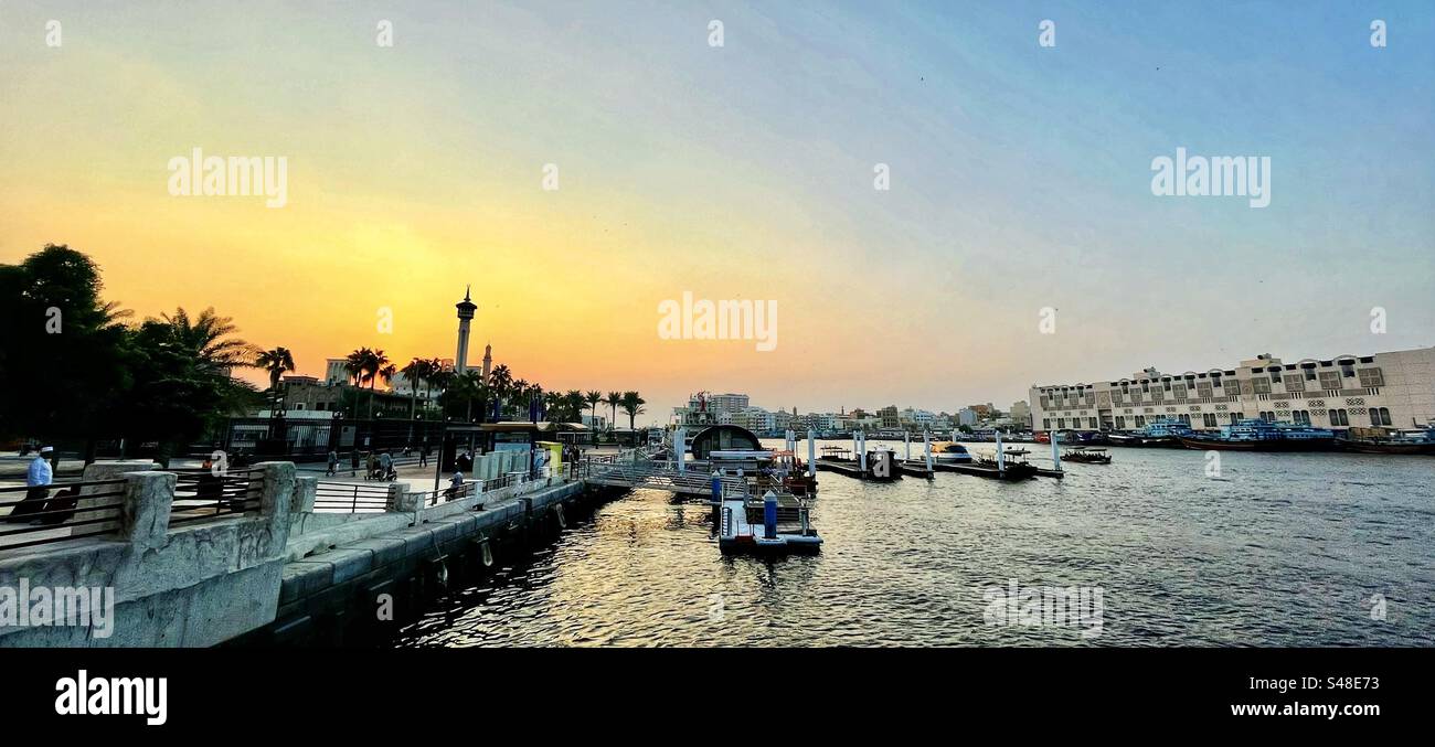 View down Dubai creek at sunset - Smartphone Captured Stock Image