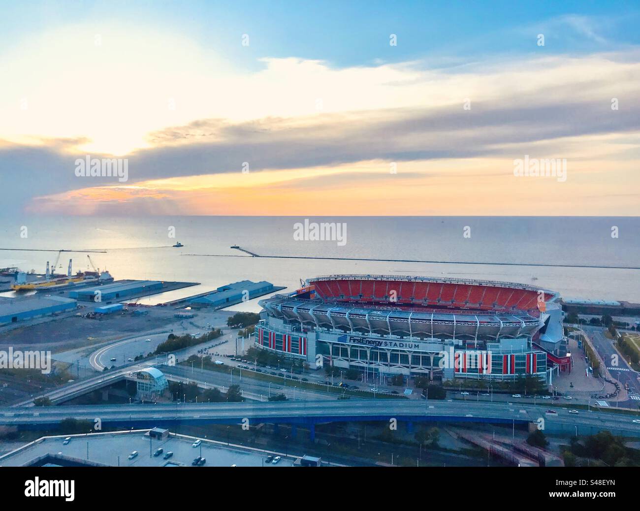 Sunset over Lake Erie and Cleveland Browns Stadium - Smartphone Captured Stock Image