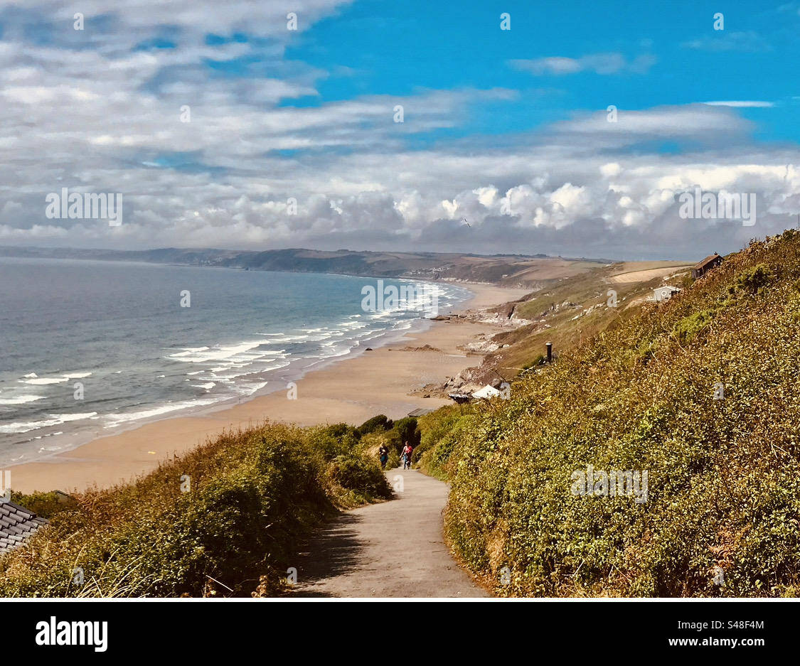Rame Peninsular Cornwall .. Sandy long beach  blue skies & cliff path - Smartphone Captured Stock Image