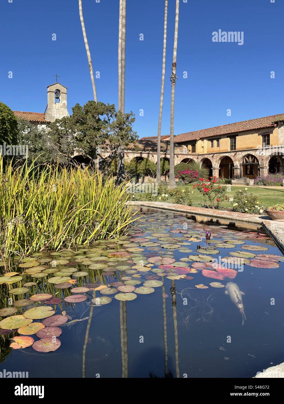 San Juan Capistrano, California Mission, central courtyard gardens, Koi