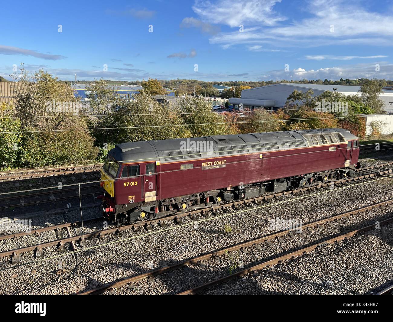 West Coast Railways Class 57 electro motive diesel heritage engine, 57012, in the siding at Newark Northgate station. Lincolnshire - Smartphone Captured Stock Image