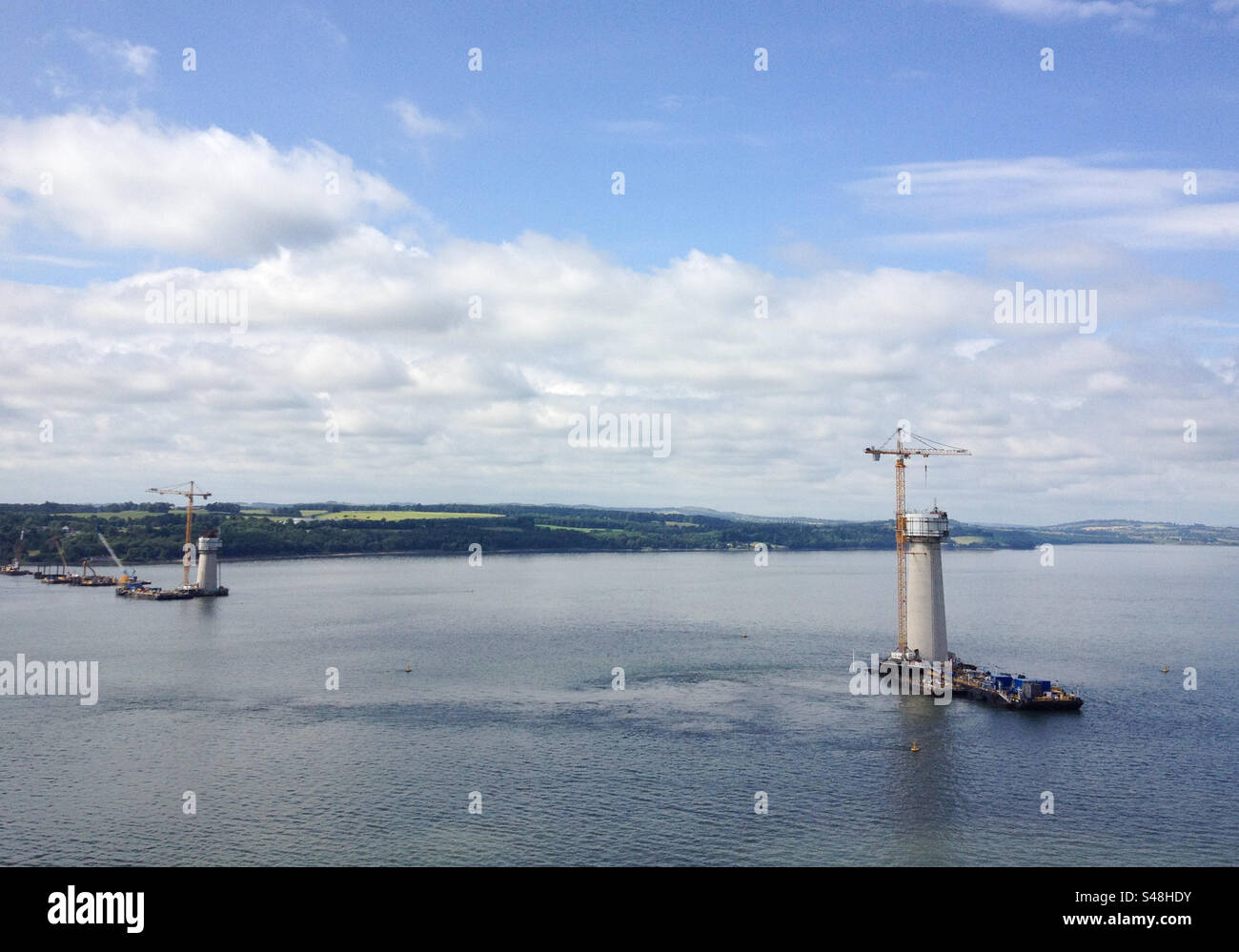 View from above of bridge towers of Queensferry Crossing under construction over the Firth of Forth in 2014, Scotland, UK - Smartphone Captured Stock Image