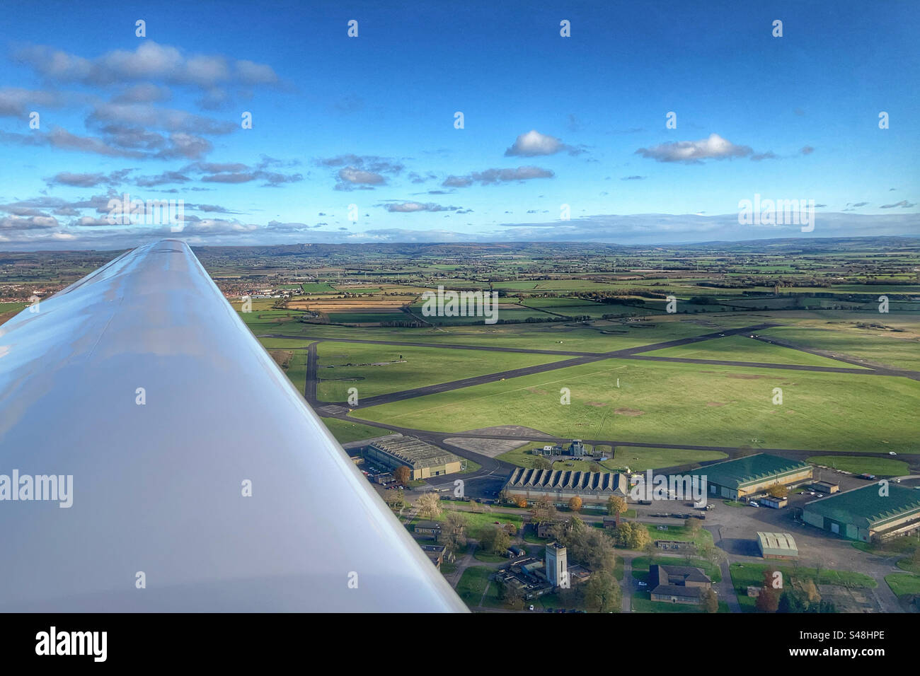 Aerial view of RAF Topcliffe North Yorkshire from the cockpit of a