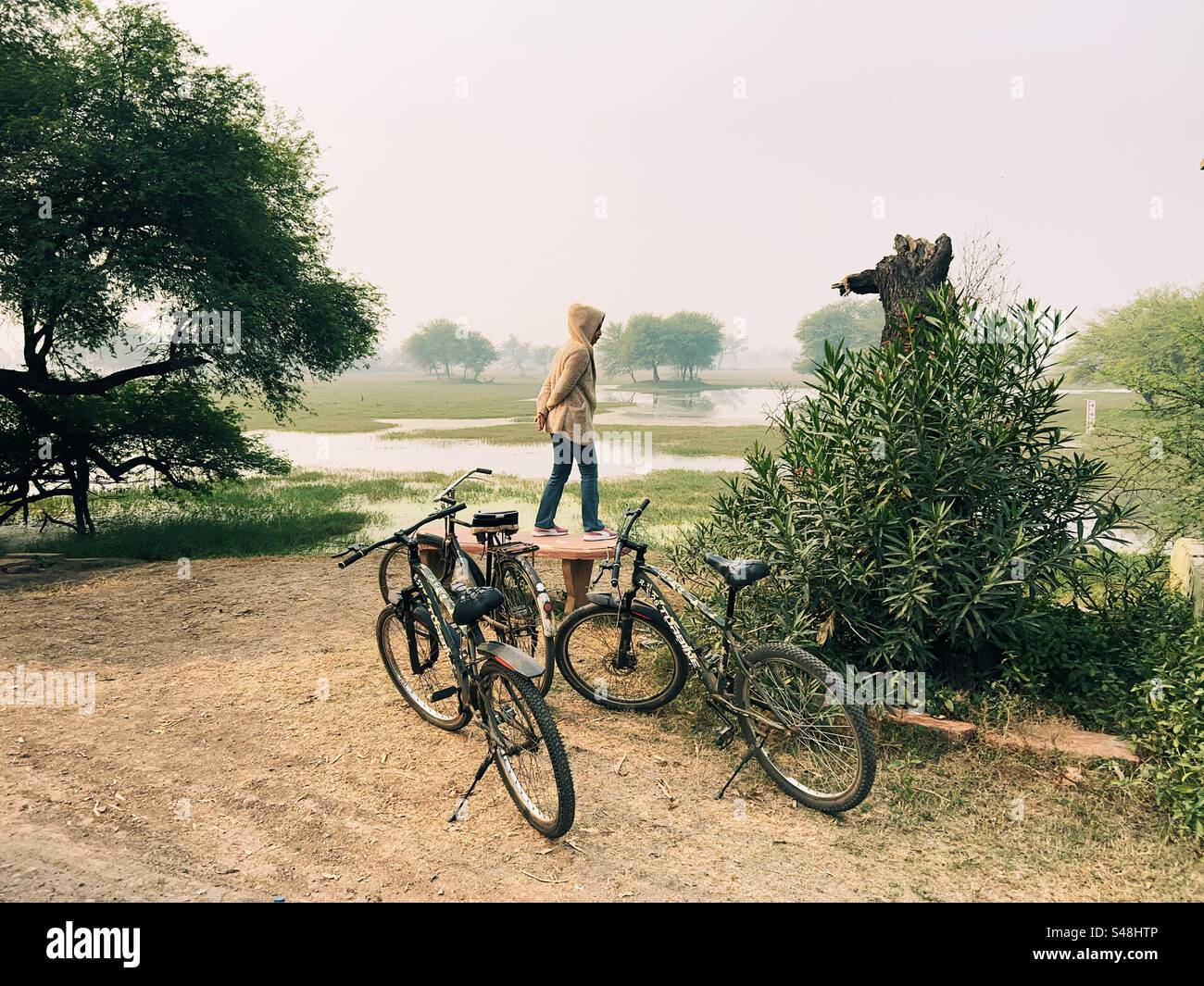 A girl at a jungle with bicycles in the foreground - Smartphone Captured Stock Image
