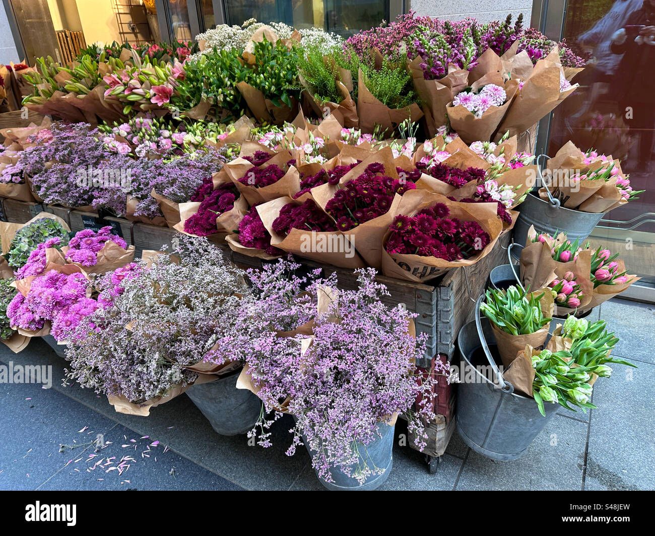 Flowers at a florist’s shop in Gothenburg, Sweden with the reflection of the photographer in the window. - Smartphone Captured Stock Image
