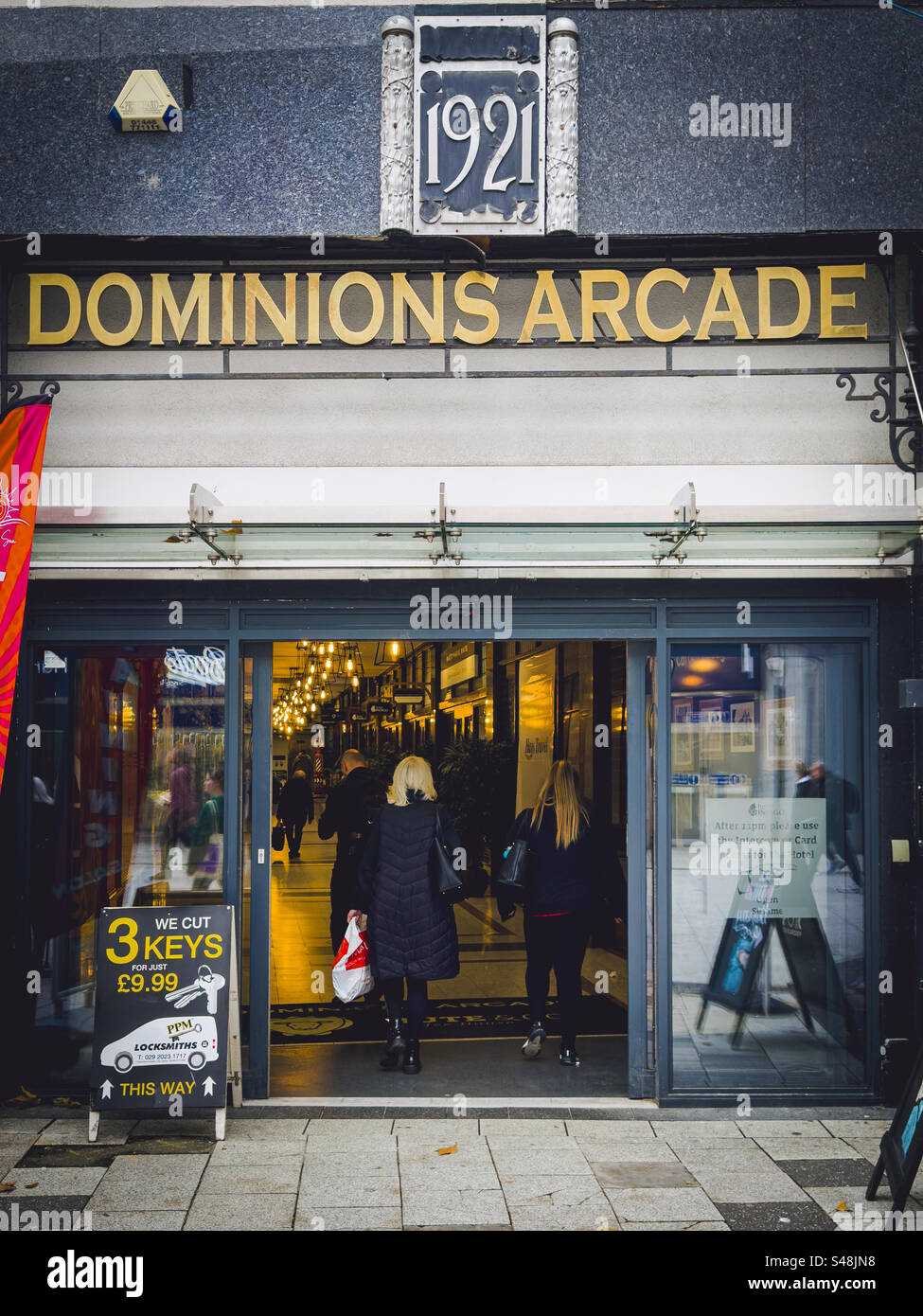 Entrance to Dominions Arcade, Queen Street, Cardiff: Phillip Roberts - Smartphone Captured Stock Image