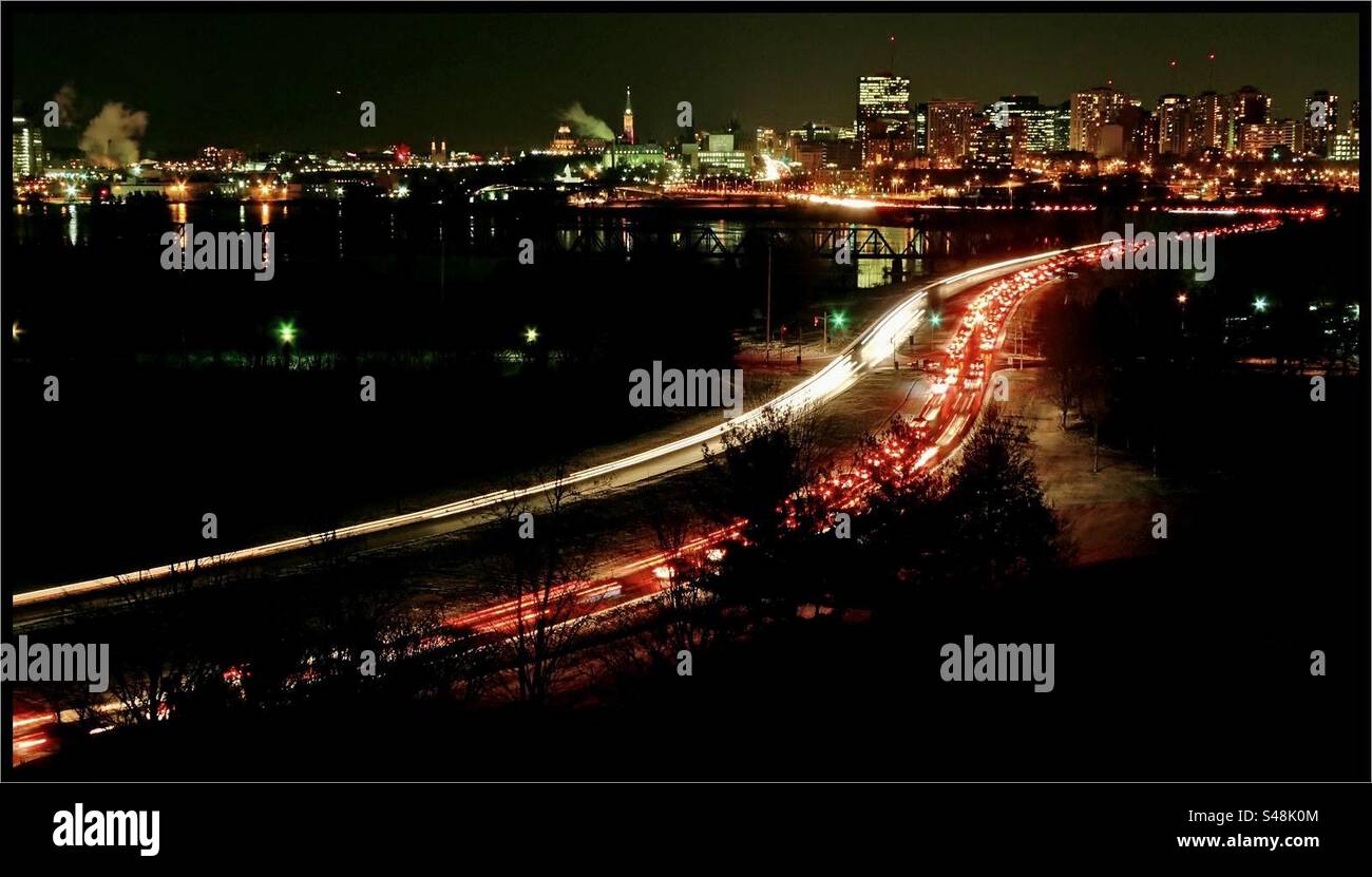 Night landscape of Ottawa downtown and the parkway drive - Smartphone Captured Stock Image