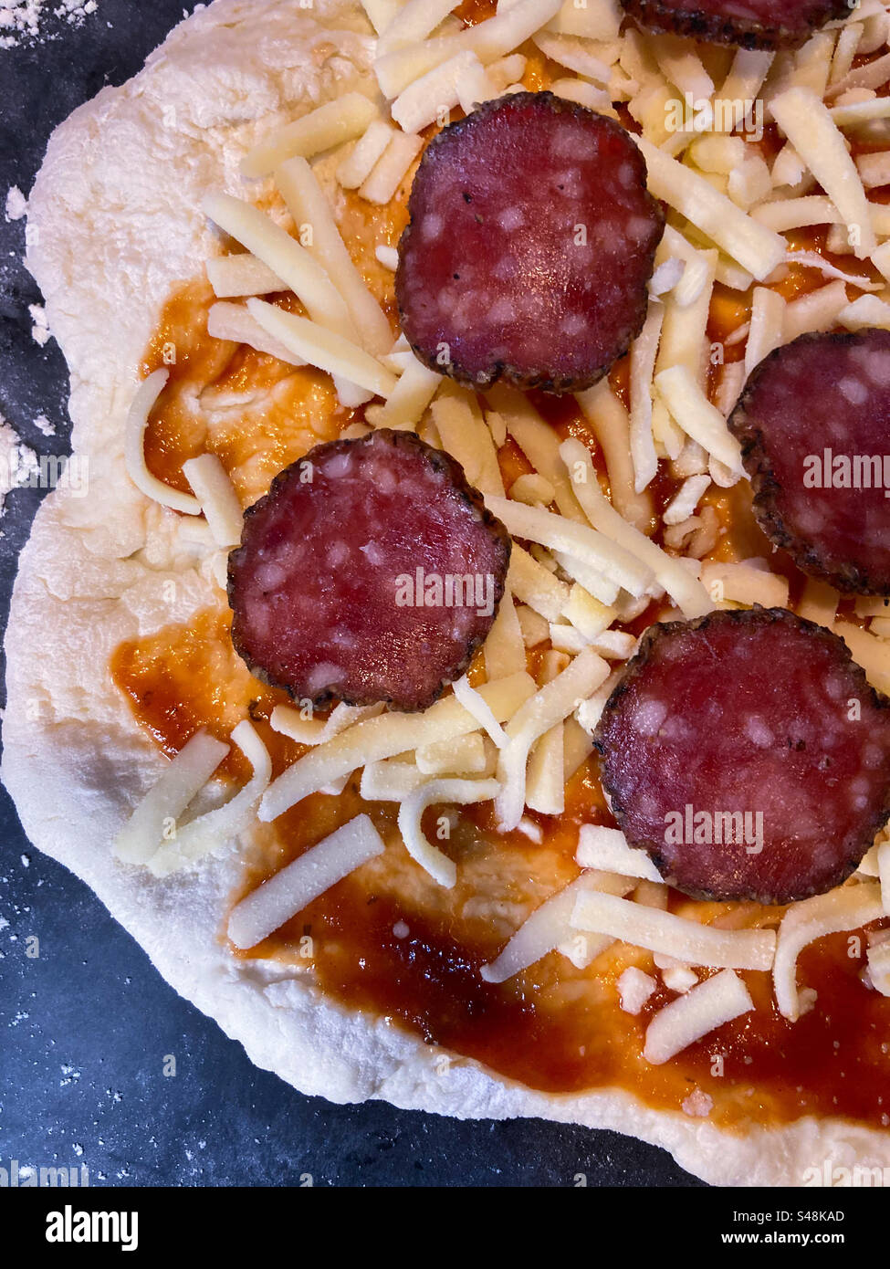 Homemade pepperoni pizza before baking Stock Photo Alamy