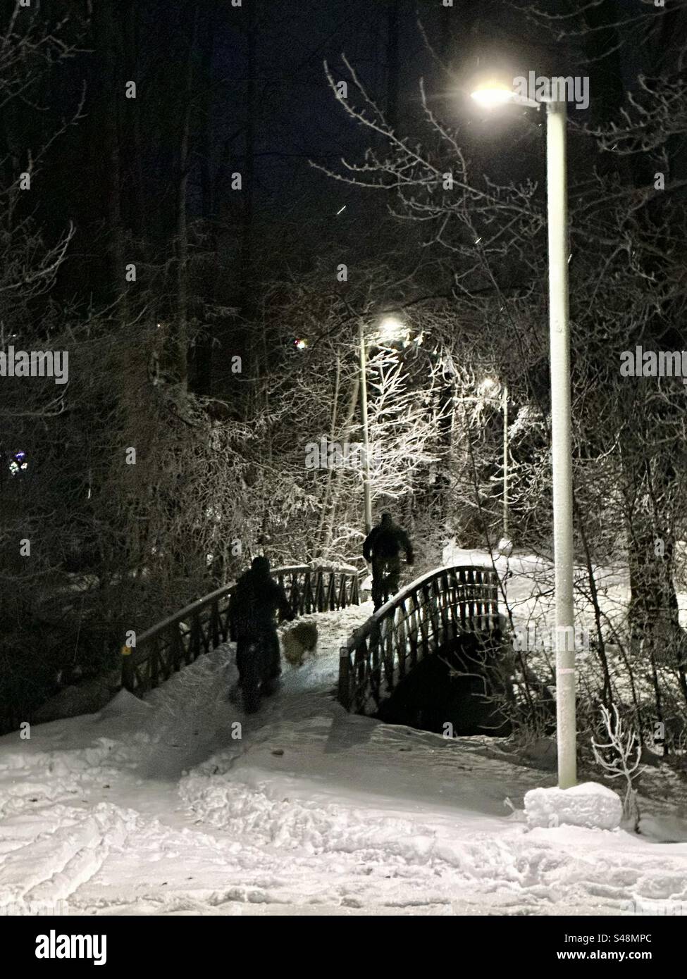Two people riding in the snow on Chester Creek Trail, Anchorage, Alaska. - Smartphone Captured Stock Image