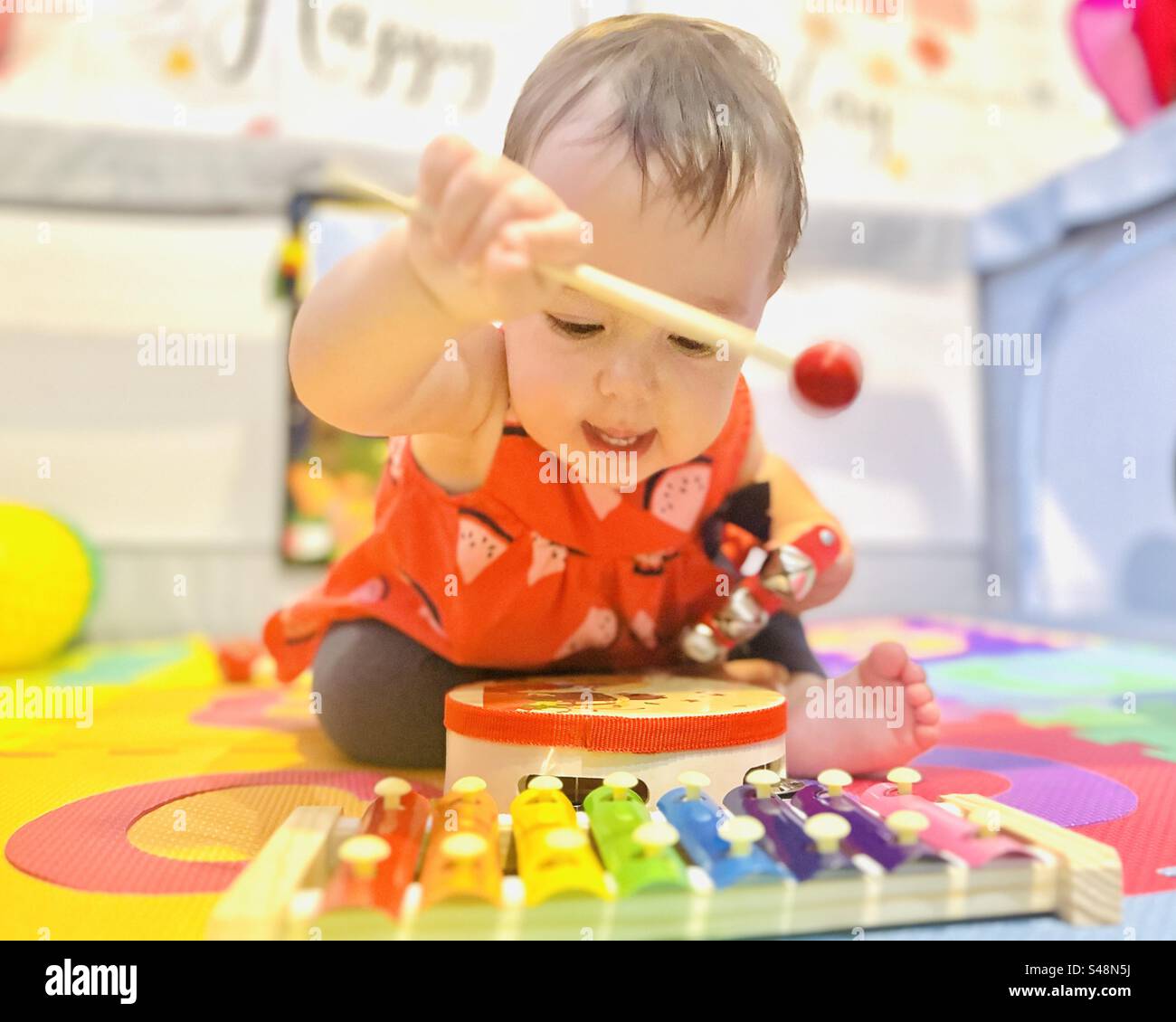 Baby with musical instruments. Babies and music. Stock Photo