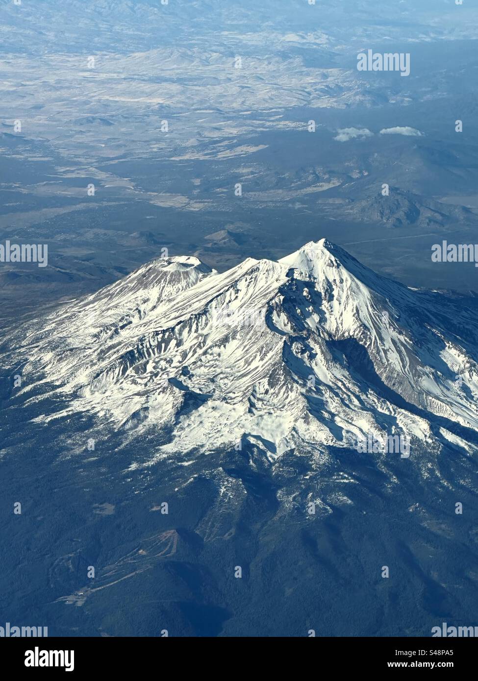 Mount Shasta, Northern California from 36,000 feet. Stock Photo