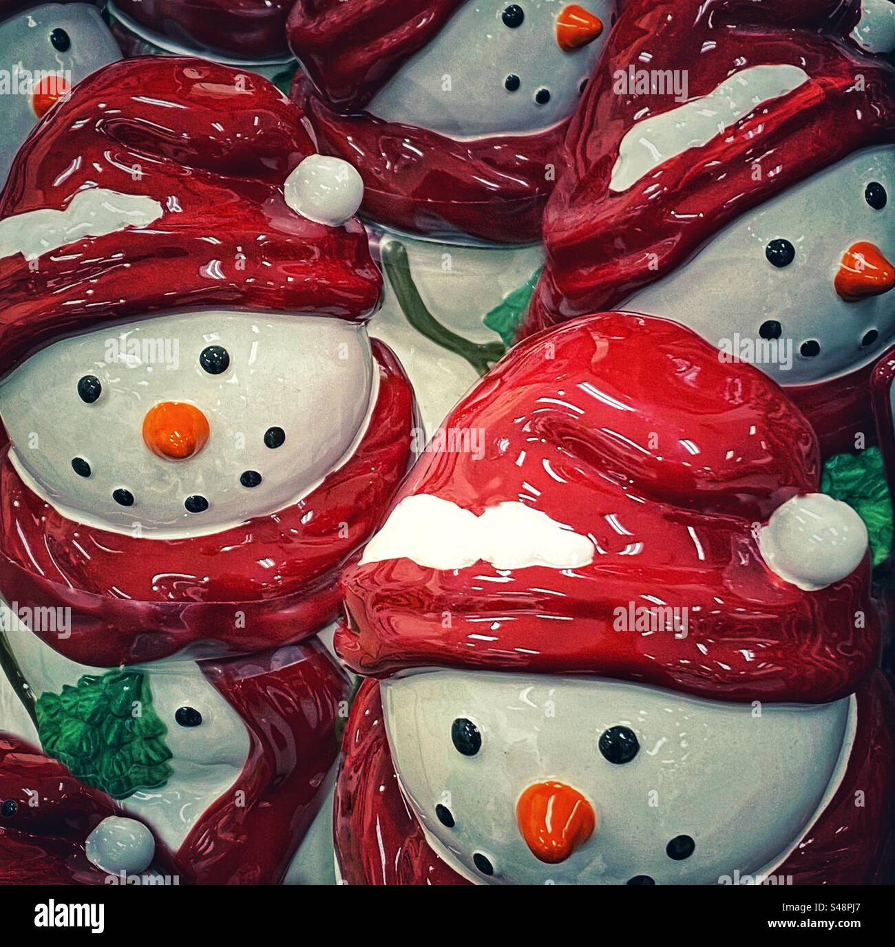 Christmas snowman cookie jars Stock Photo