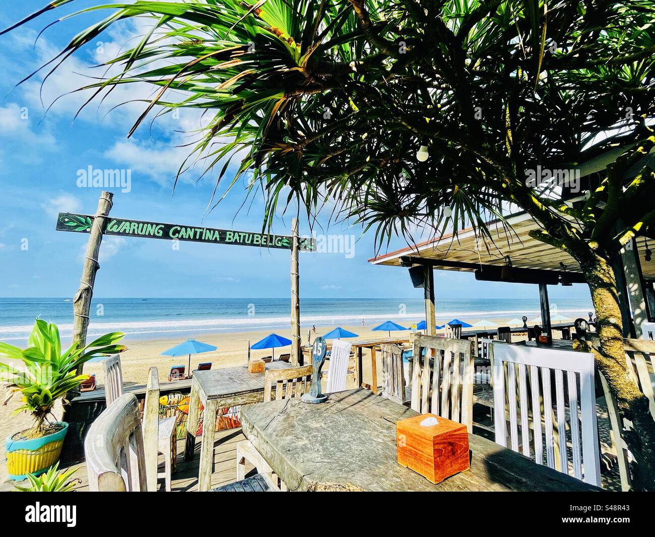 View from beach cafe breakfast table in Bali Indonesia - Smartphone Captured Stock Image